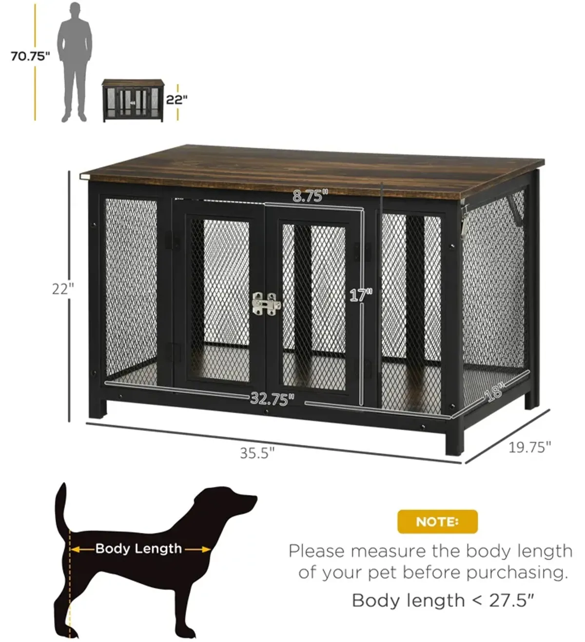 Brown/Black Pet Crate: Large Dog Furniture with Spacious Interior