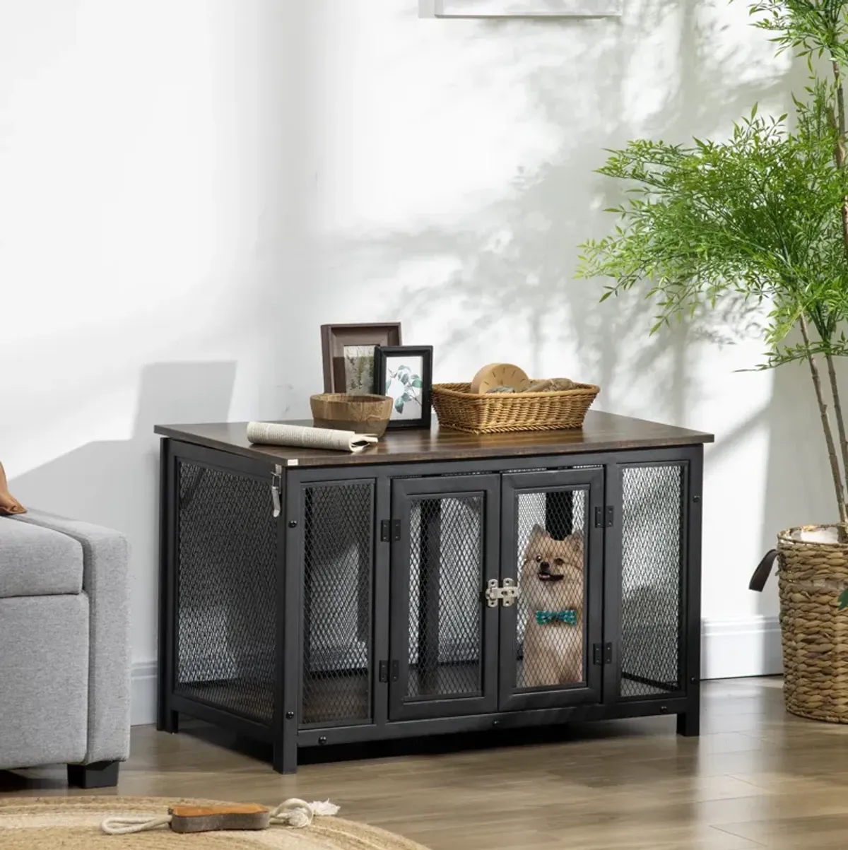 Brown/Black Pet Crate: Large Dog Furniture with Spacious Interior