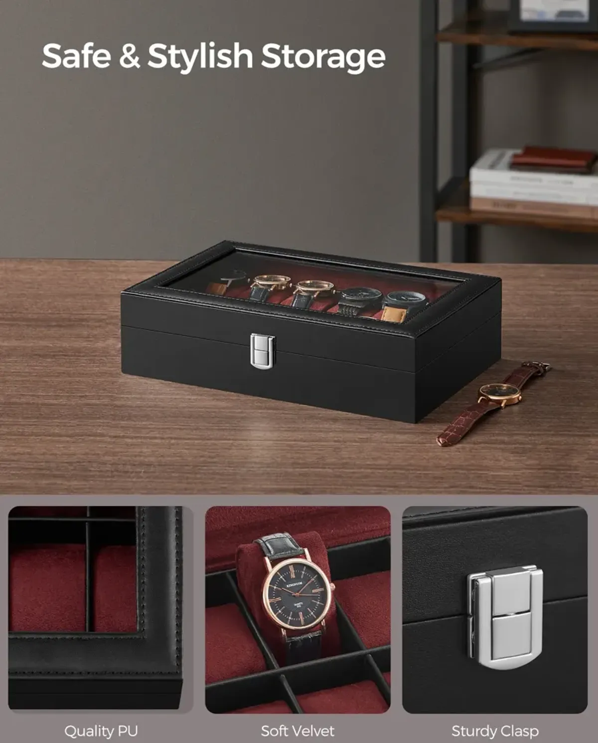 Men's 12-Slot Watch Case Glass Top, Lockable Organizer