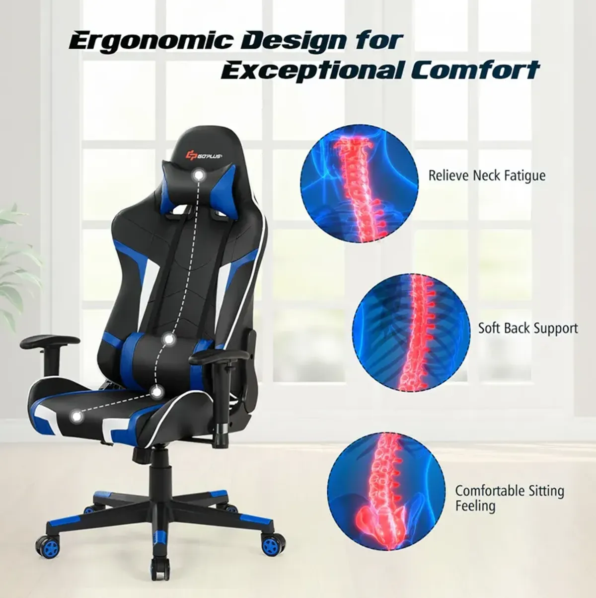 Goplus Massage Gaming Chair Reclining Swivel Racing Office Chair w/Lumbar Support Blue