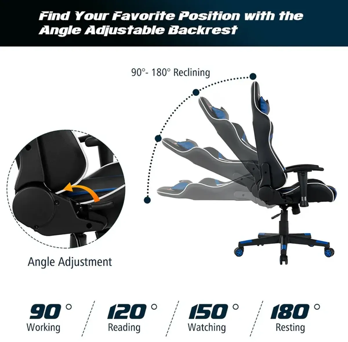 Goplus Massage Gaming Chair Reclining Swivel Racing Office Chair w/Lumbar Support Blue