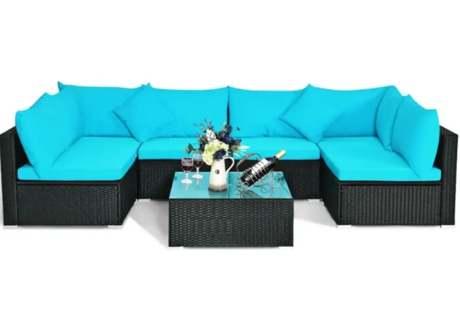 Hivvago 7 Pieces Sectional Wicker Furniture Sofa Set with Tempered Glass Top Coffee Table