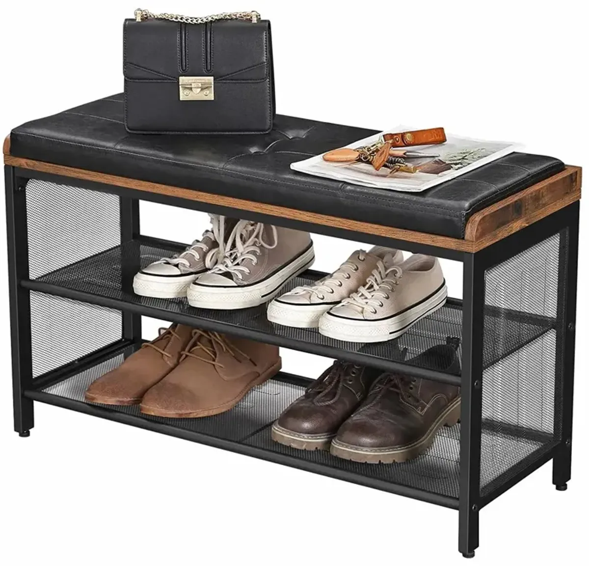 QuikFurn Black Metal Entryway Shoe Rack Storage Bench with Padded Seat Cushion