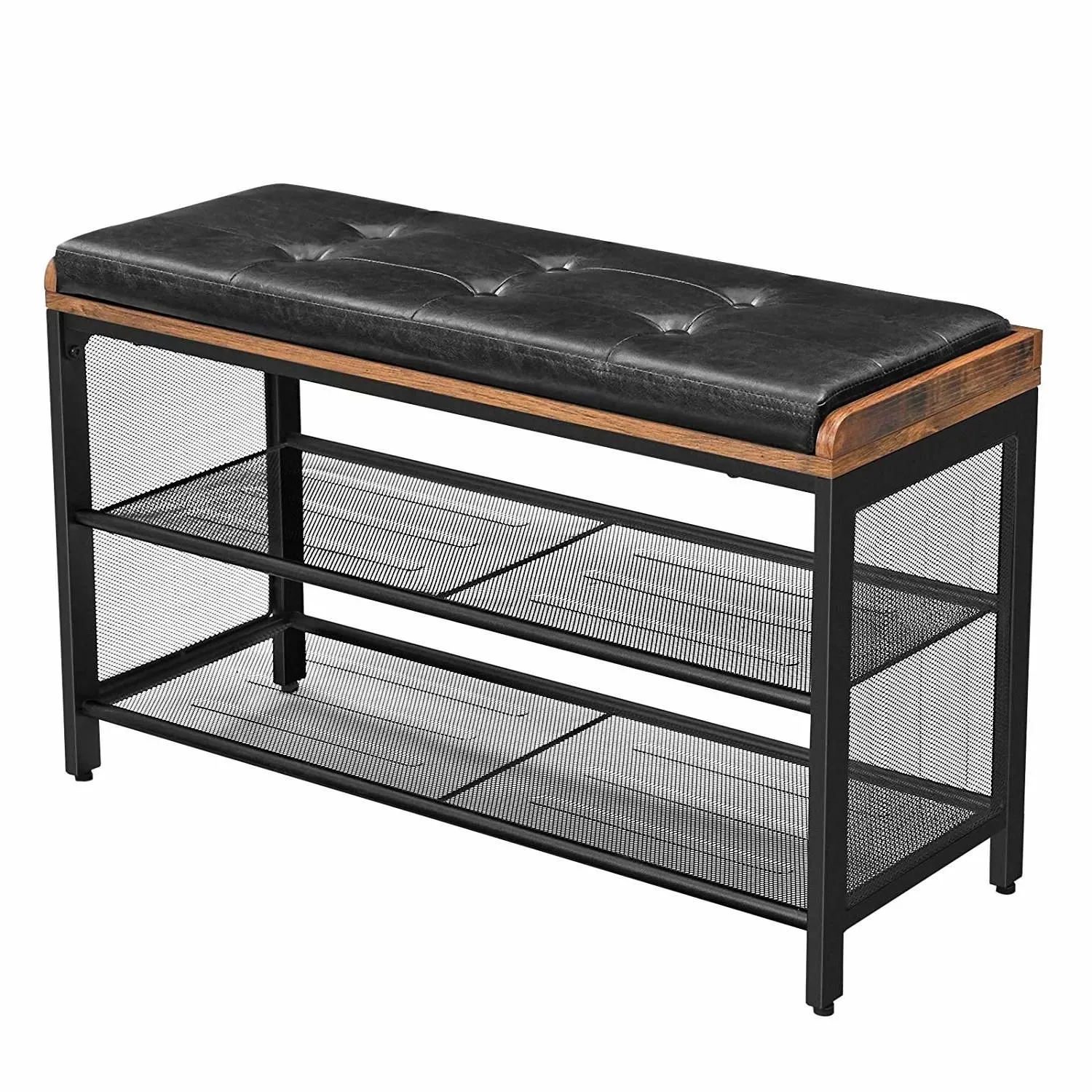 QuikFurn Black Metal Entryway Shoe Rack Storage Bench with Padded Seat Cushion