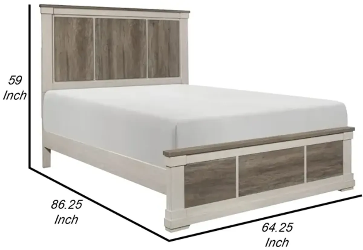 Caro Classic Queen Bed, Minimalist Design, Two Toned Weathered Gray, White - Benzara