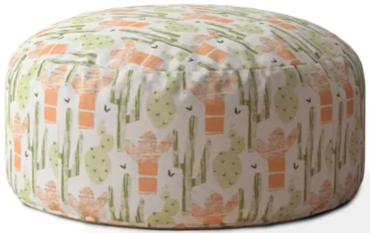 Hivvago 24" Pale Orange and Green Cactus Round Floral Pouf Ottoman