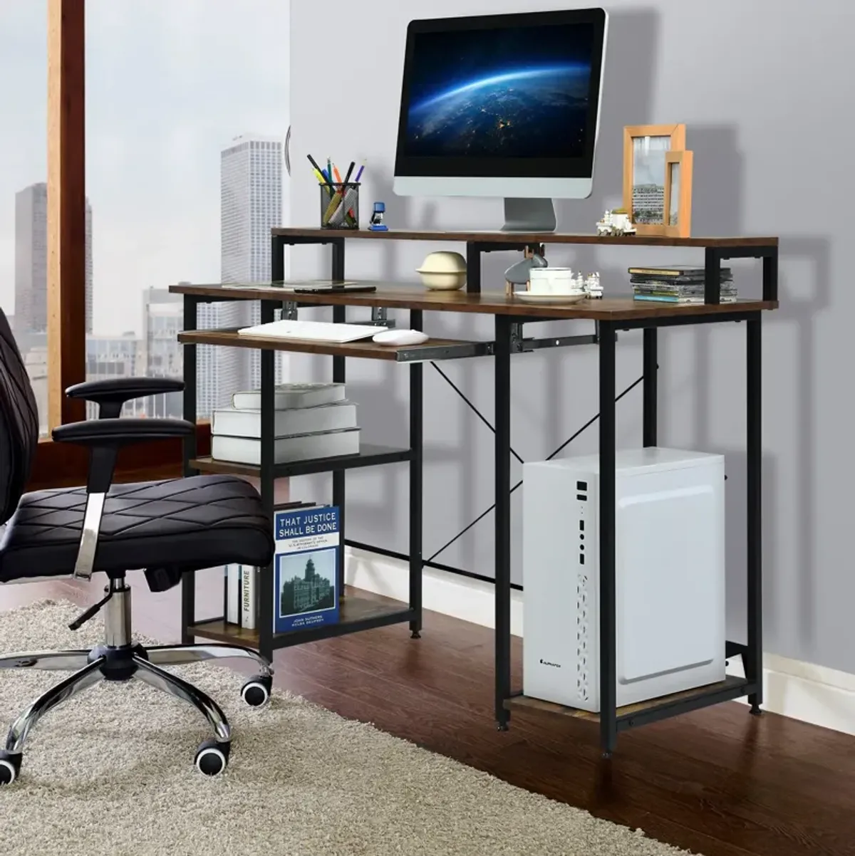 47 Inches Computer Desk Writing Study Table with Keyboard Tray and Monitor Stand