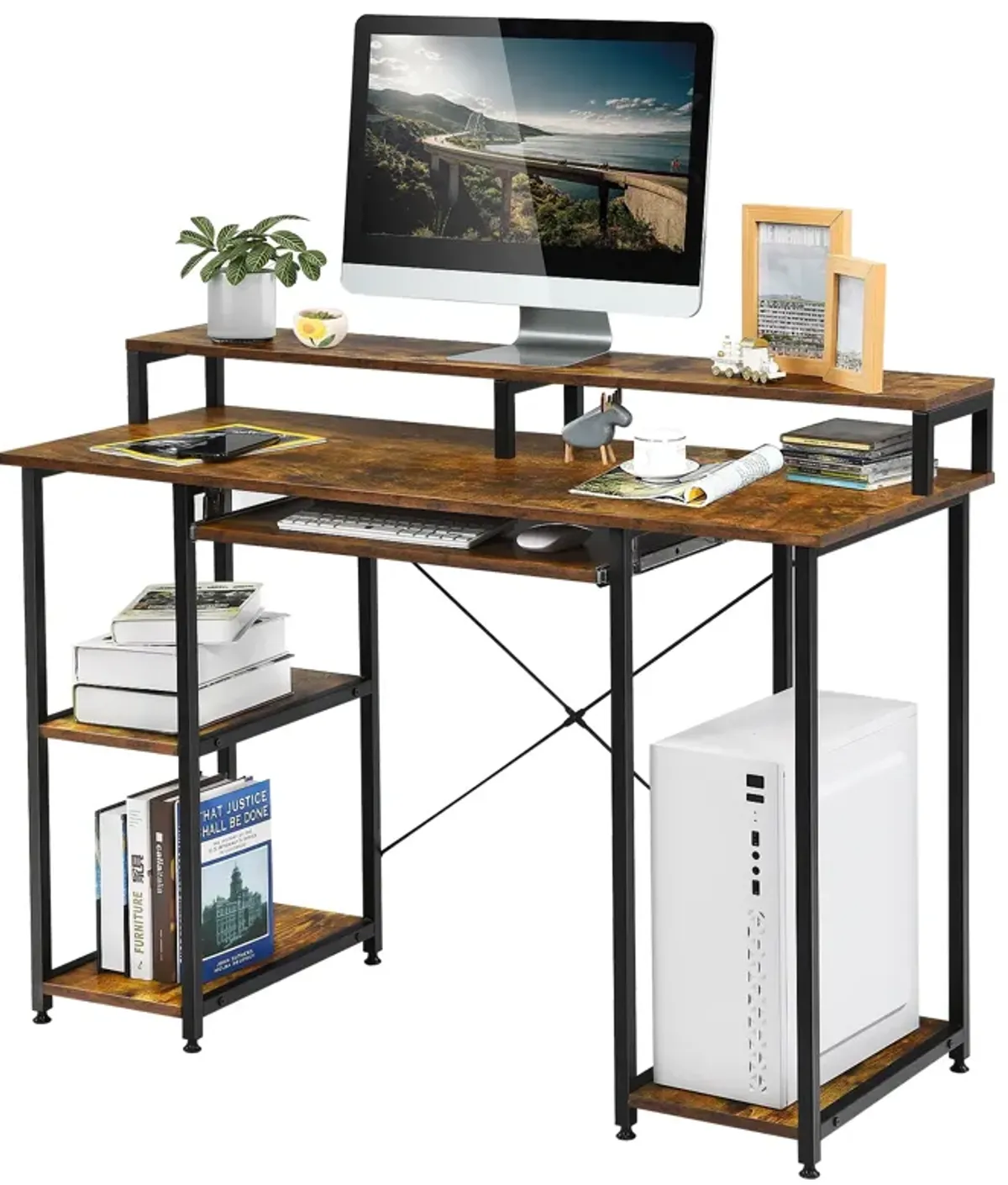 47 Inches Computer Desk Writing Study Table with Keyboard Tray and Monitor Stand