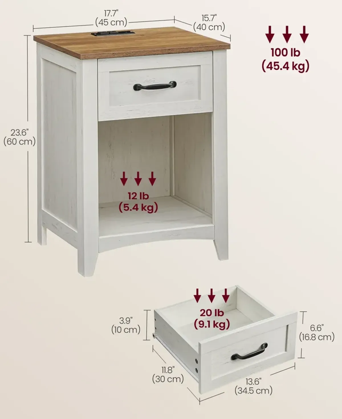 Set of 2 Nightstands with Charging Station and Open Compartment Rustic White and Honey Brown