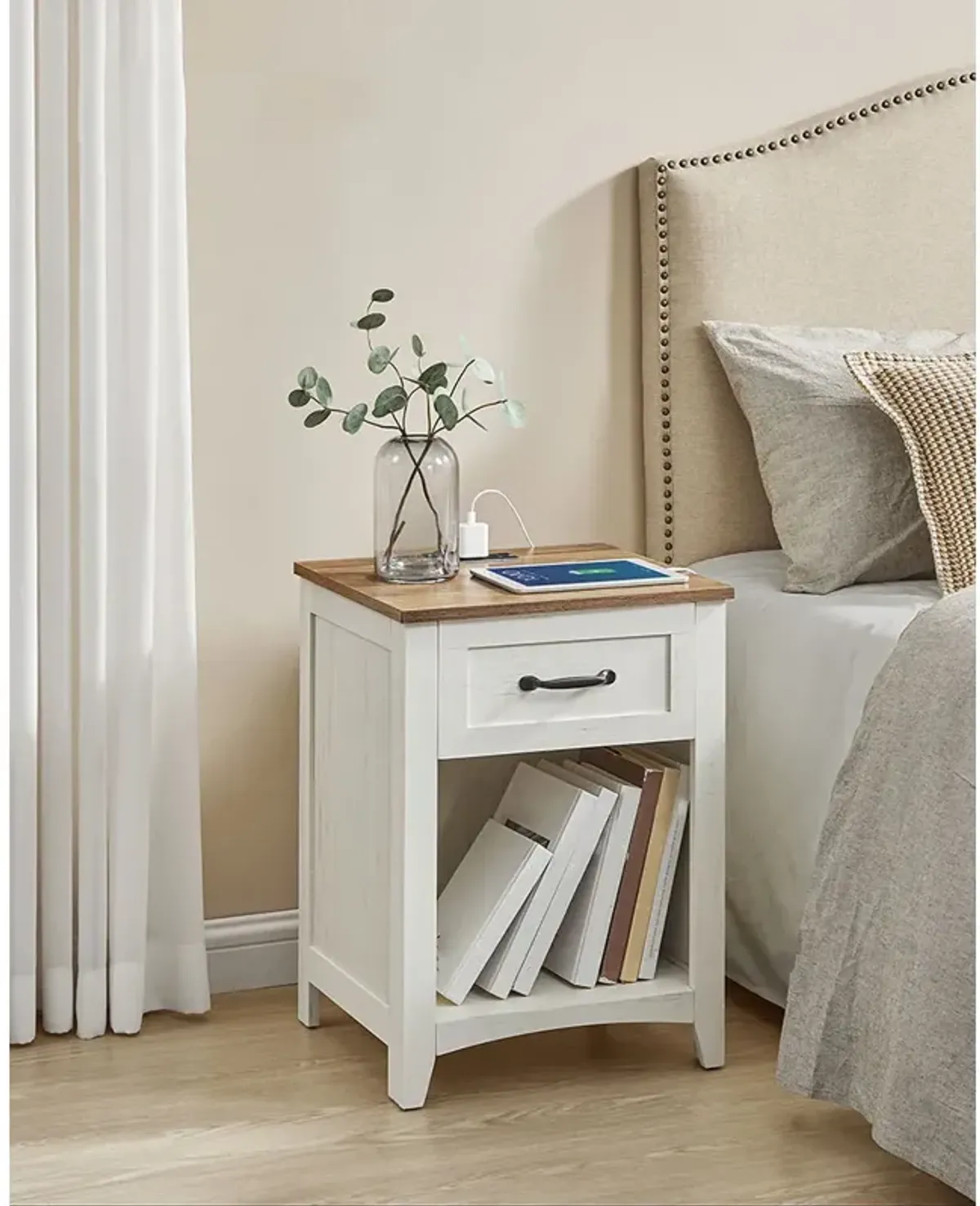 Set of 2 Nightstands with Charging Station and Open Compartment Rustic White and Honey Brown