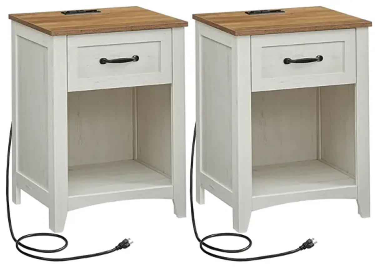 Set of 2 Nightstands with Charging Station and Open Compartment Rustic White and Honey Brown