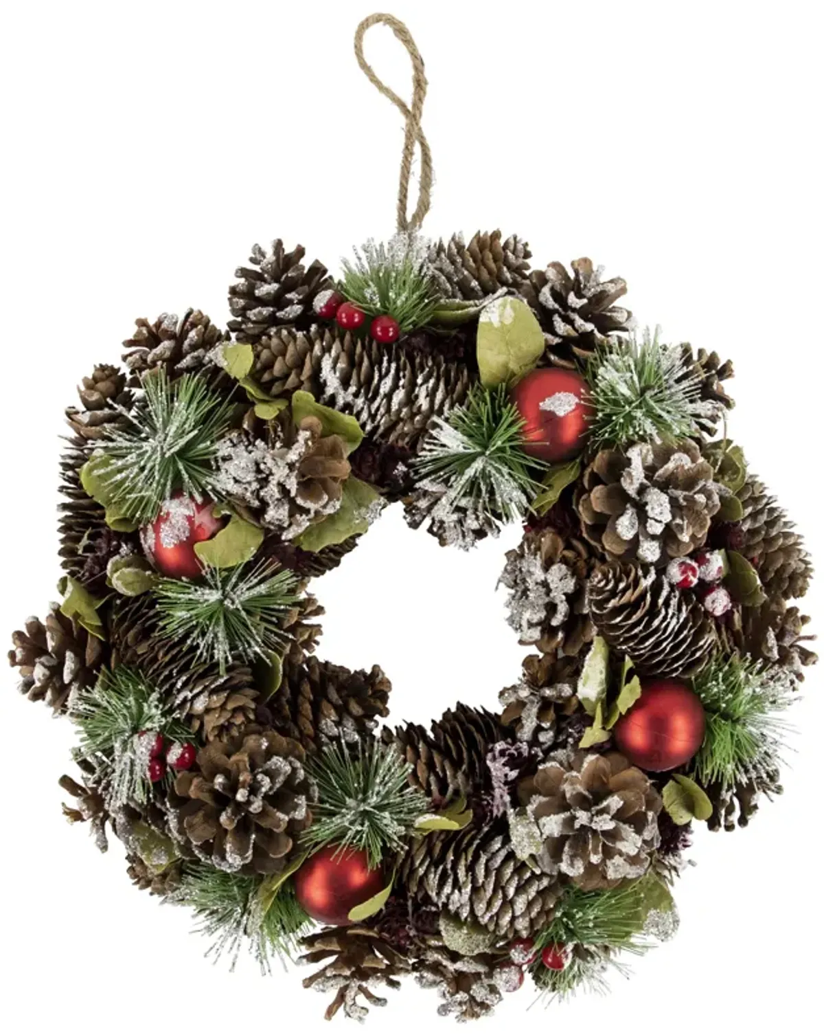 Red Ornament with Frosted and Glittered Pinecone and Pine Needle Christmas Wreath  13.5-Inch  Unlit