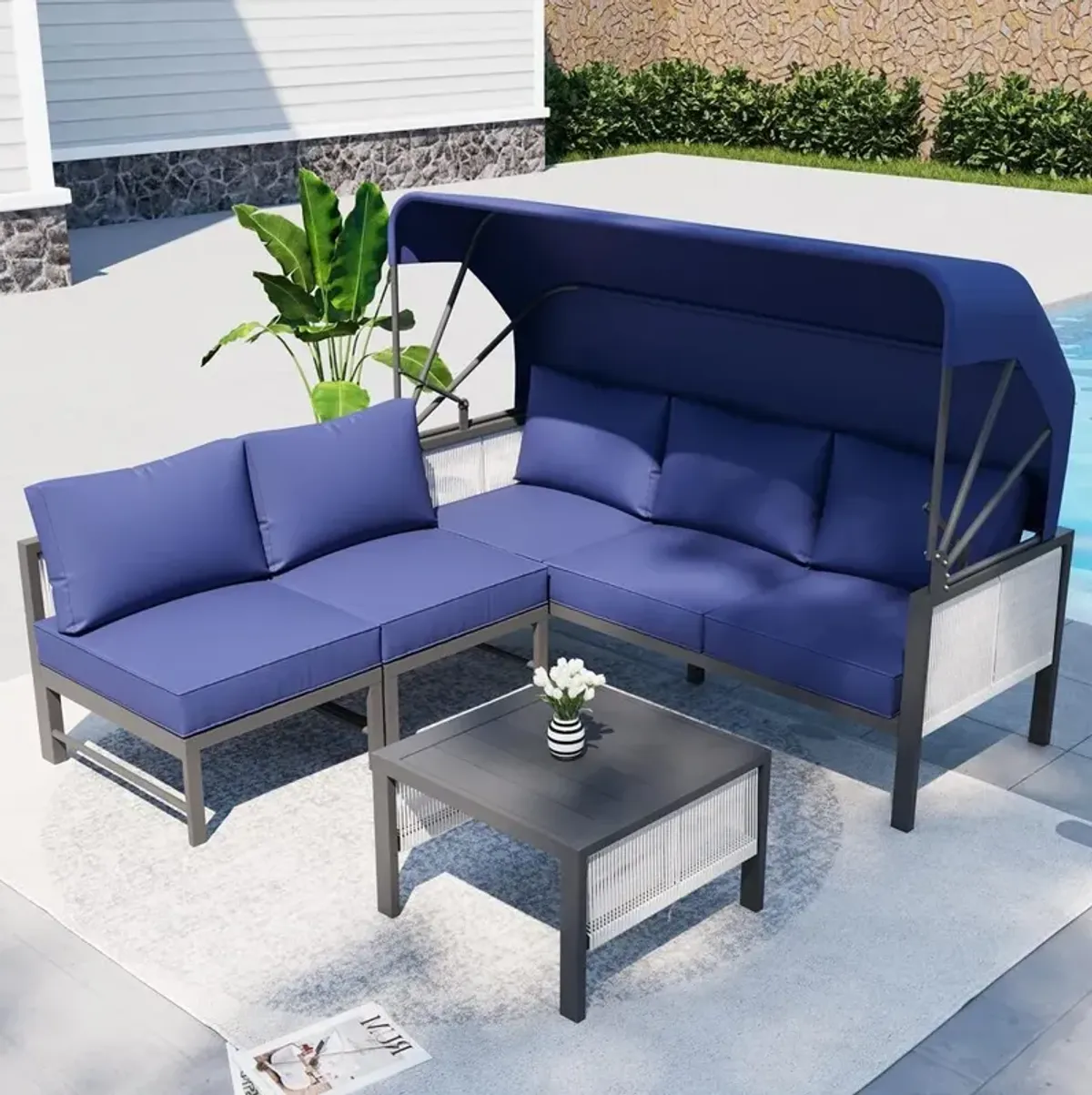 Mondawe Aluminum Patio Furniture Sets, 4 Pieces Outdoor Sectional Sofa with Retractable Canopy, Patio Conversation Set with Cushions for Outdoor