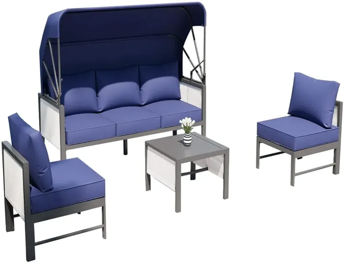Mondawe Aluminum Patio Furniture Sets, 4 Pieces Outdoor Sectional Sofa with Retractable Canopy, Patio Conversation Set with Cushions for Outdoor