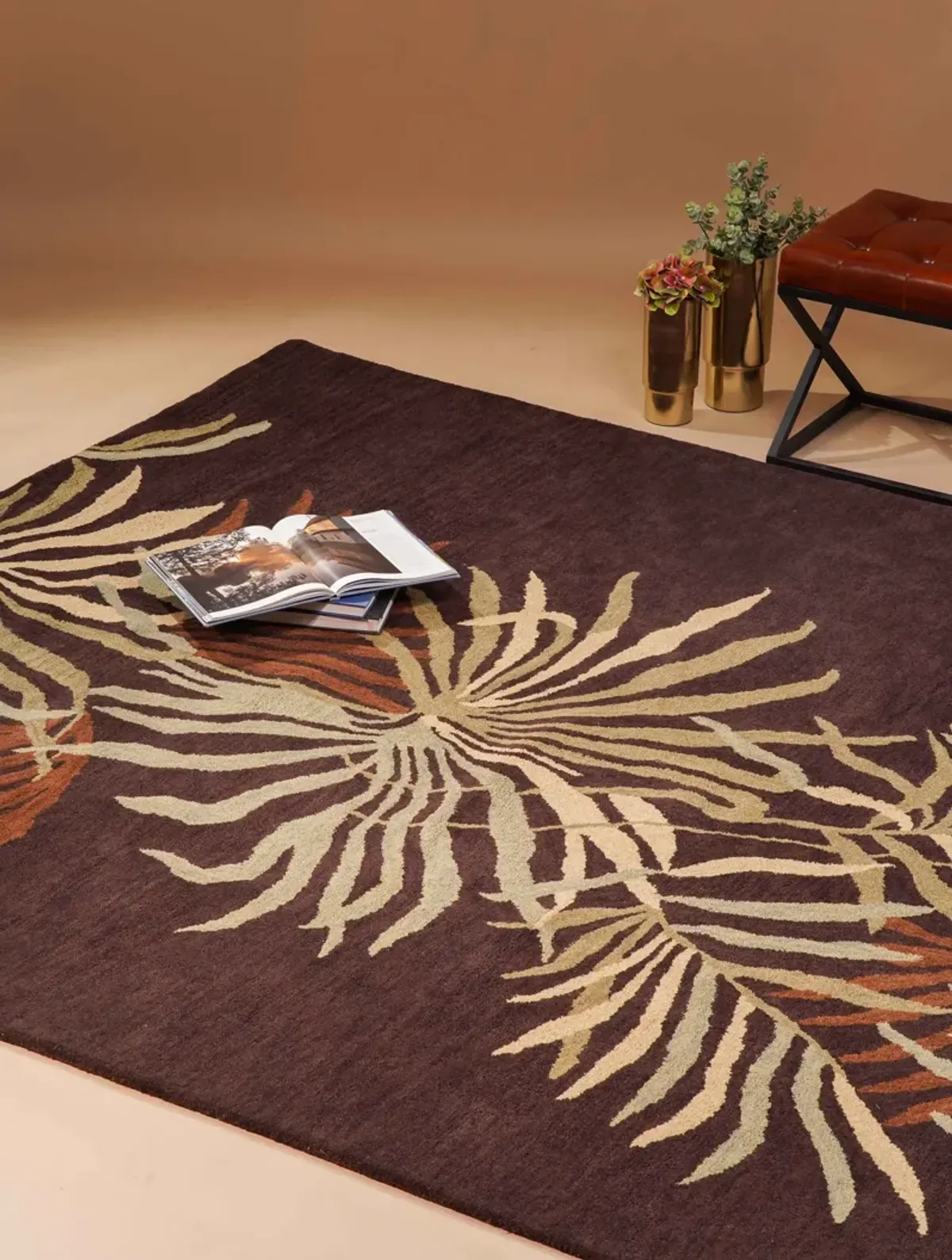RUGSOTIC CARPETS HAND TUFTED WOOL ECO-FRIENDLY AREA RUGS  - 8'x11', Rectangle Shape, Brown, Floral Modern Design, High Pile Thick Handmade Anti Skid Area Rugs for Living Room, Bed Room (K00666)