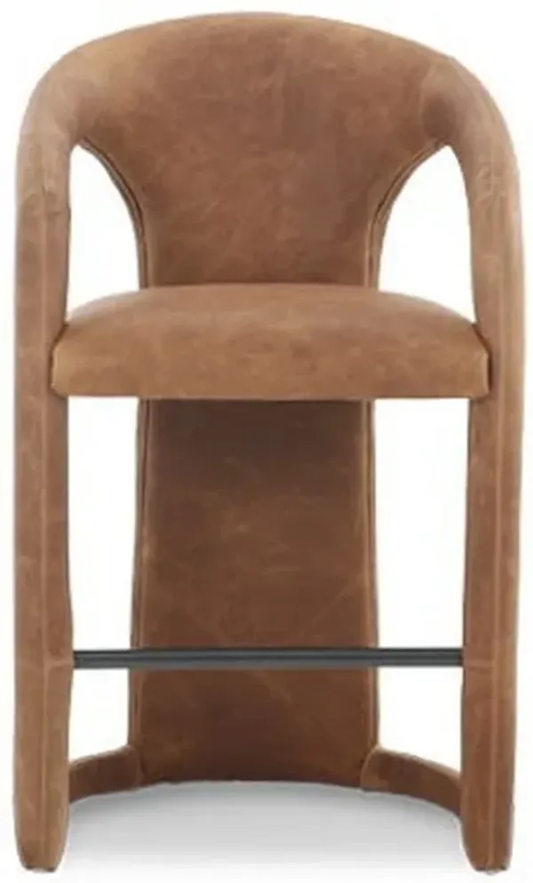 Chie Counter Stool Chair, Curved Back, Brown Leather, Stainless Steel - Benzara