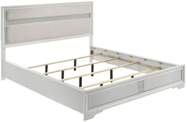 Vino California King Size Bed, Panel White Upholstery, Glitter Stripe - Benzara