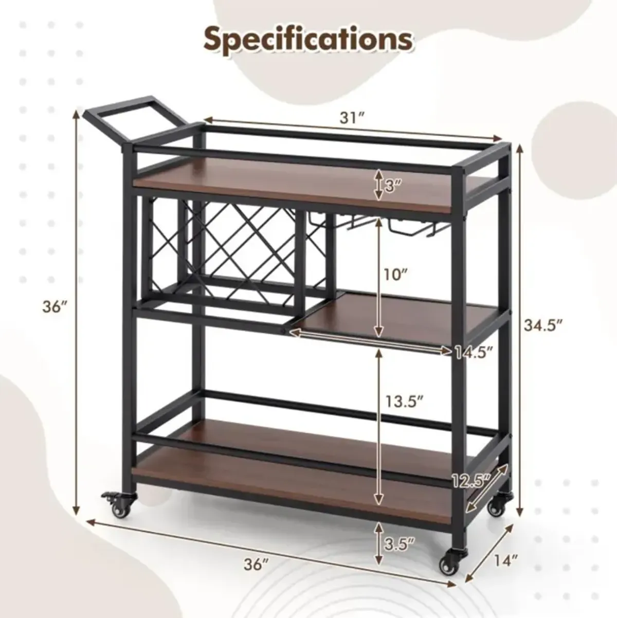 Hivvago 3-tier Bar Cart on Wheels Home Kitchen Serving Cart with Wine Rack and Glasses Holder