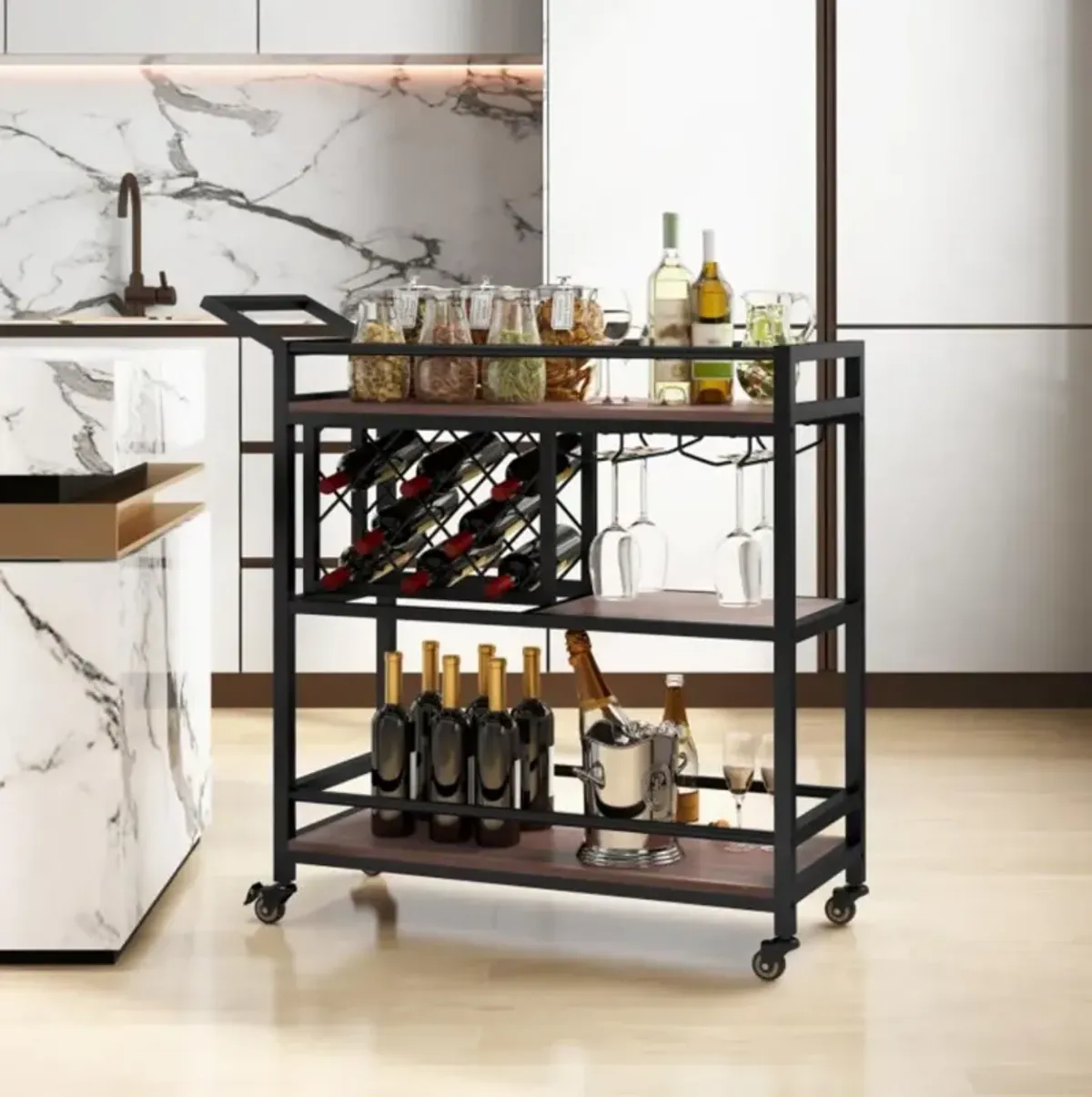 Hivvago 3-tier Bar Cart on Wheels Home Kitchen Serving Cart with Wine Rack and Glasses Holder