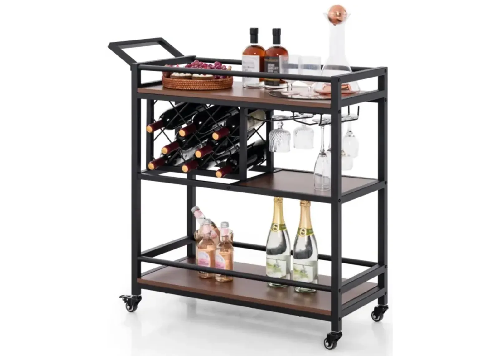 Hivvago 3-tier Bar Cart on Wheels Home Kitchen Serving Cart with Wine Rack and Glasses Holder