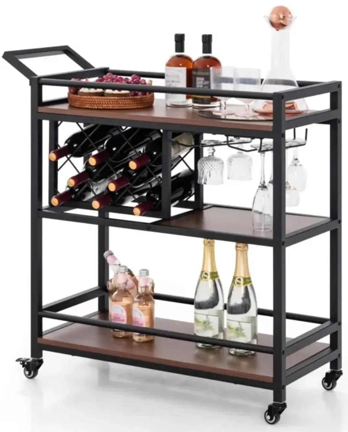 Hivvago 3-tier Bar Cart on Wheels Home Kitchen Serving Cart with Wine Rack and Glasses Holder