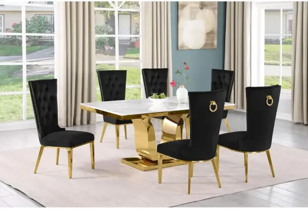 7pc Small(66") marble stop dining set with gold base and 6 Black side chairs