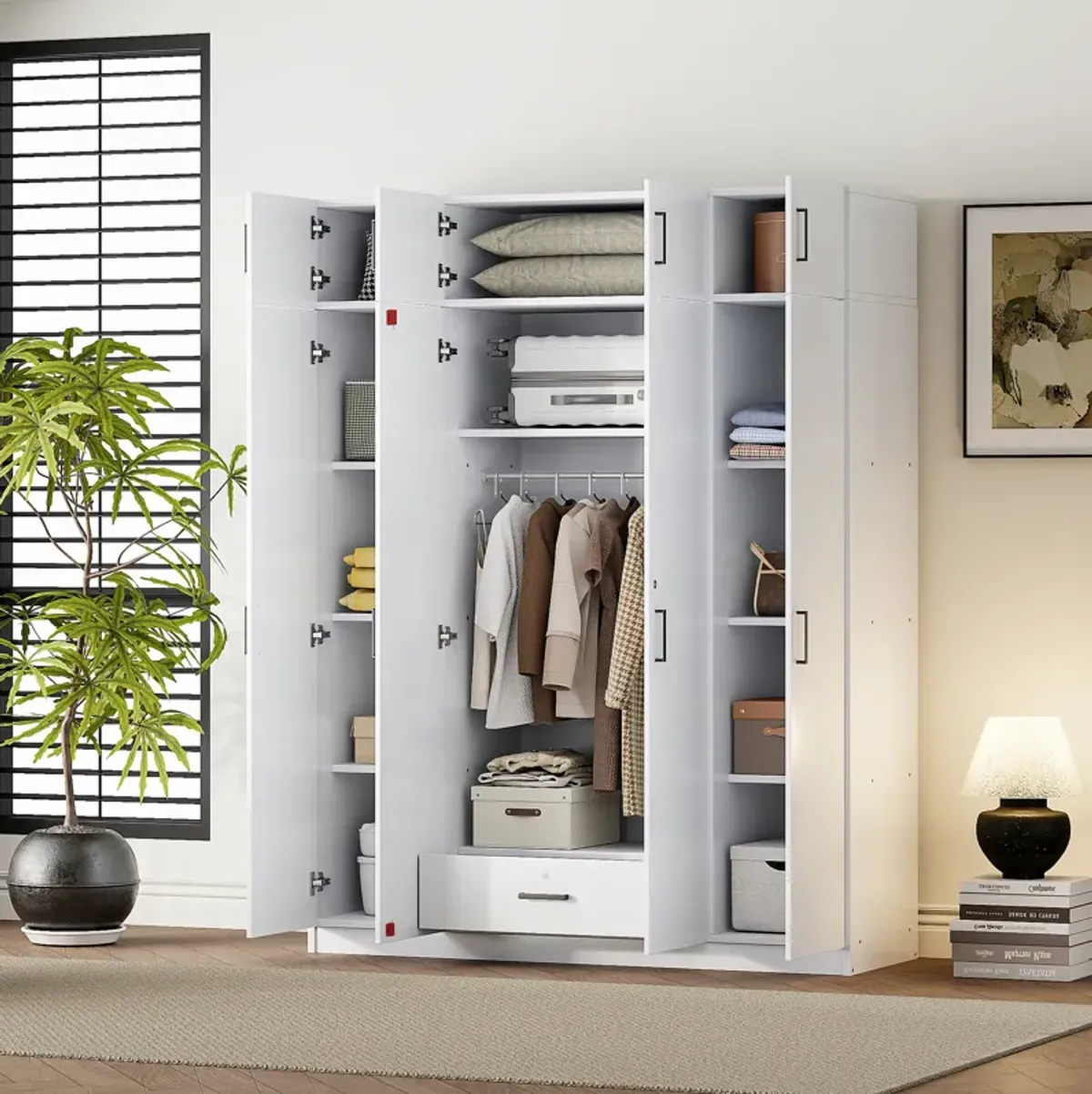 Merax 4-Door Wardrobe with 1 Drawer and Top Cabinets