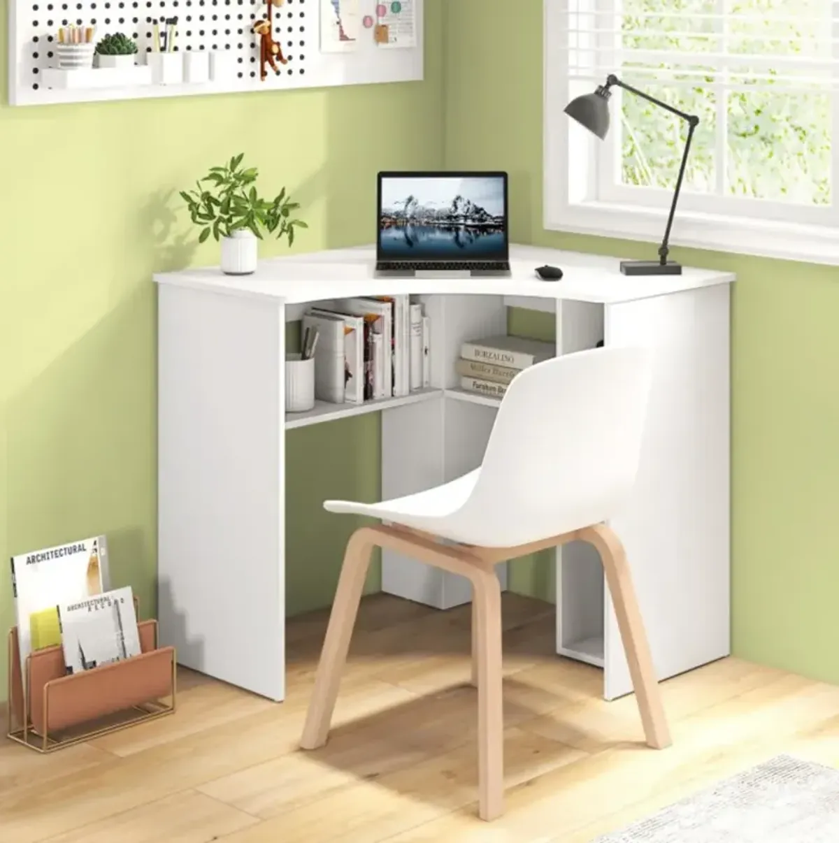 Hivvago Corner Computer Desk Triangle Home Office Desk with Adjustable Shelf and Arc-Shaped Profile