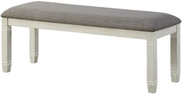 Fabric Upholstered Padded Bench with Tapered Feet, Antique White and Gray - Benzara