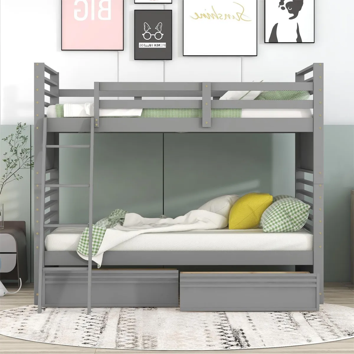 Twin over Twin Wood Bunk Bed with Two Drawers - White