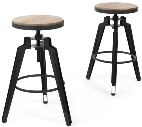 Counter Height Stool Set of 2, Solid Fir Wood, Rustic Brown, Black - Benzara