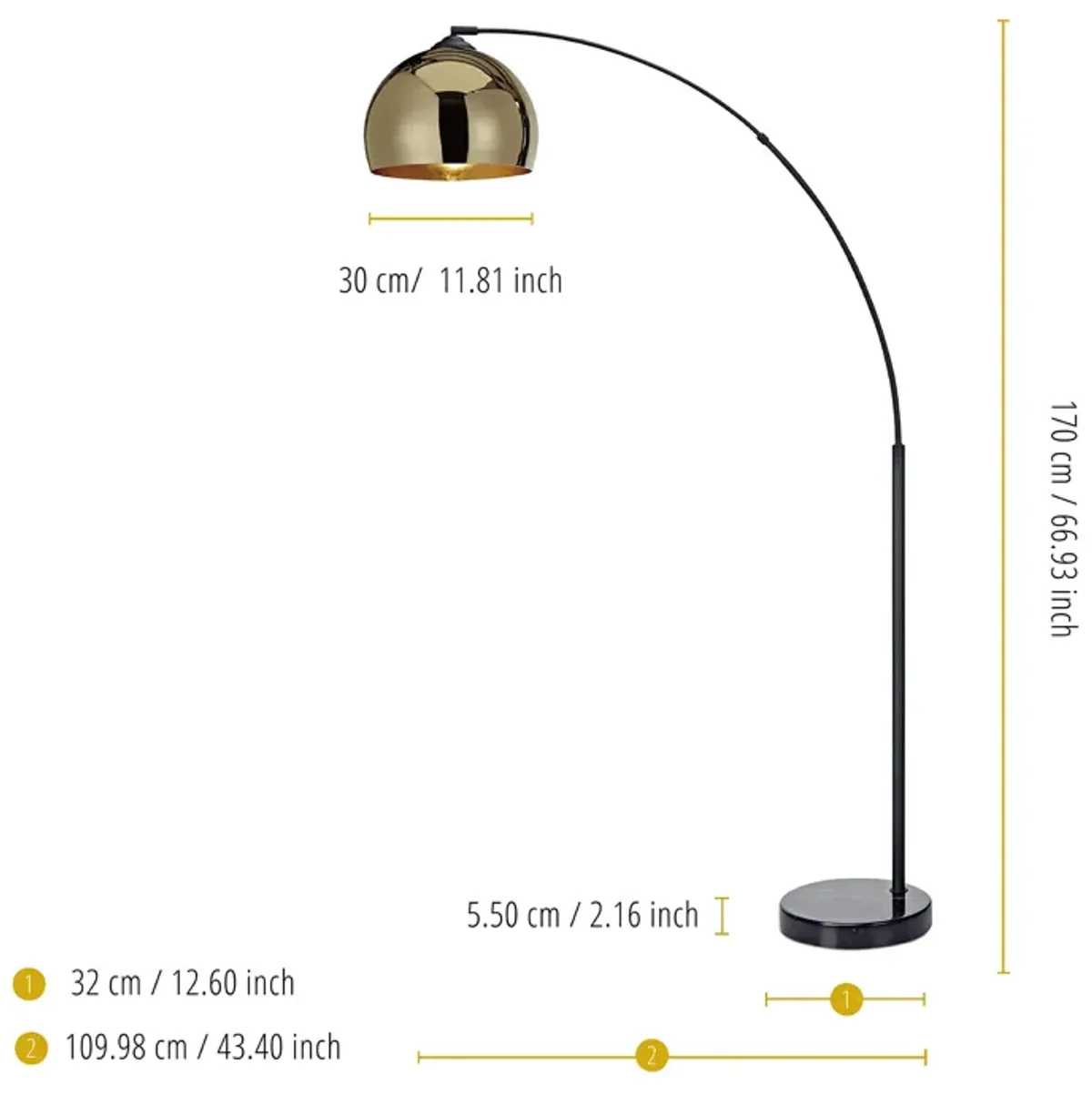 Teamson Home - Arquer Arc Floor Lamp With Gold Shade And Black Marble Base