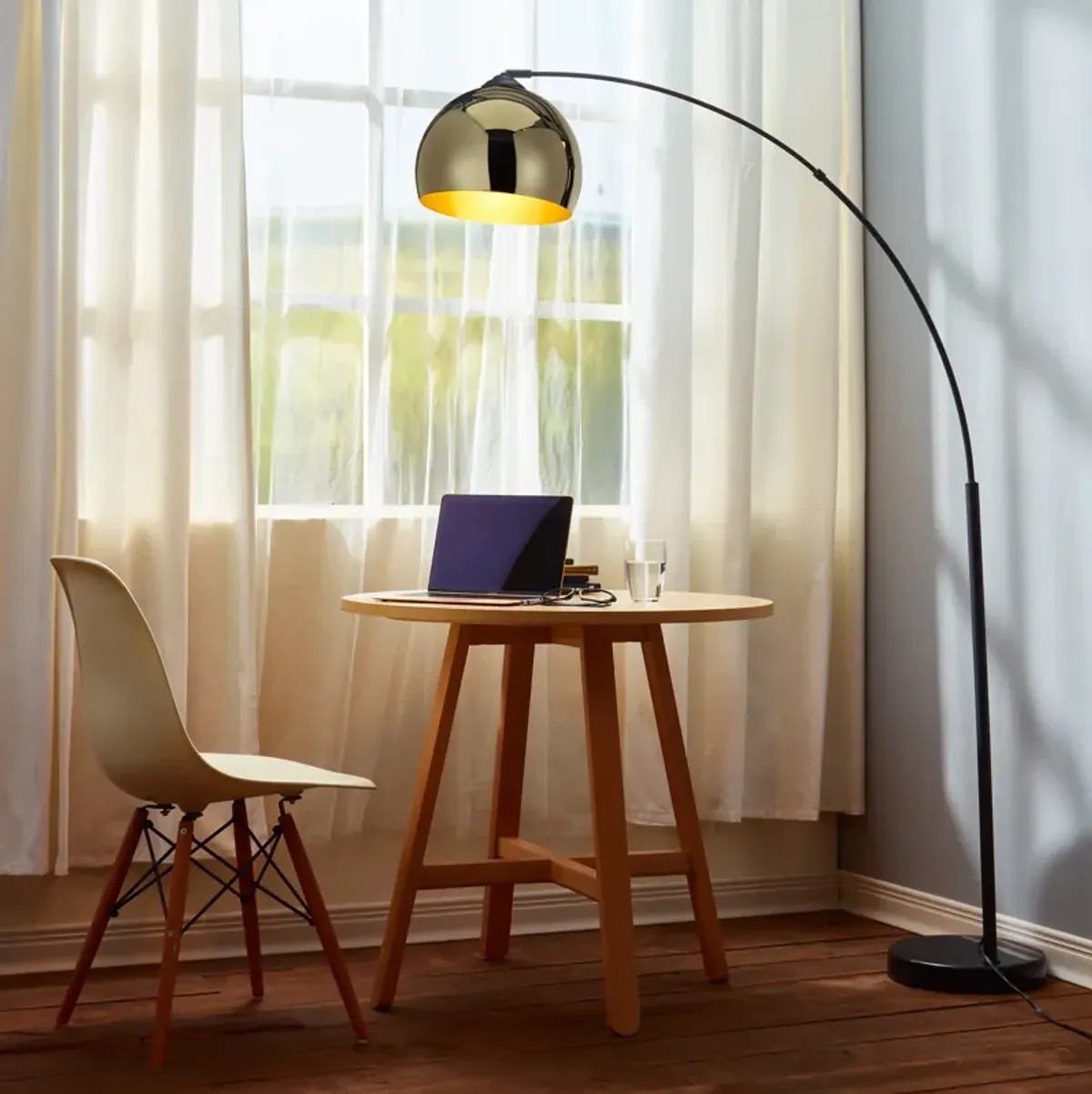 Teamson Home - Arquer Arc Floor Lamp With Gold Shade And Black Marble Base