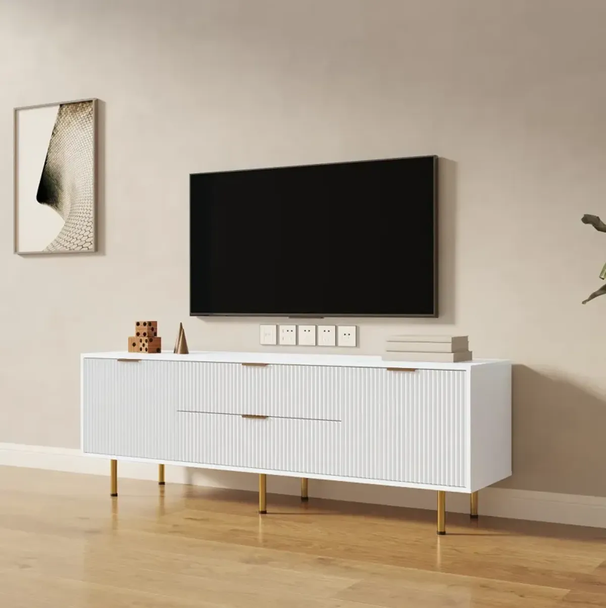 Modern Warm White TV Cabinet, For Living Room Bedroom