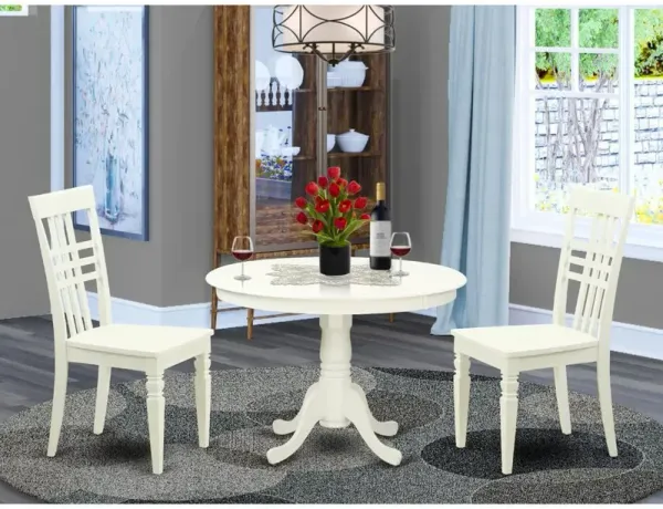 3 Pc set with a Round Small Table and 2 Wood Dinette Chairs in Linen White