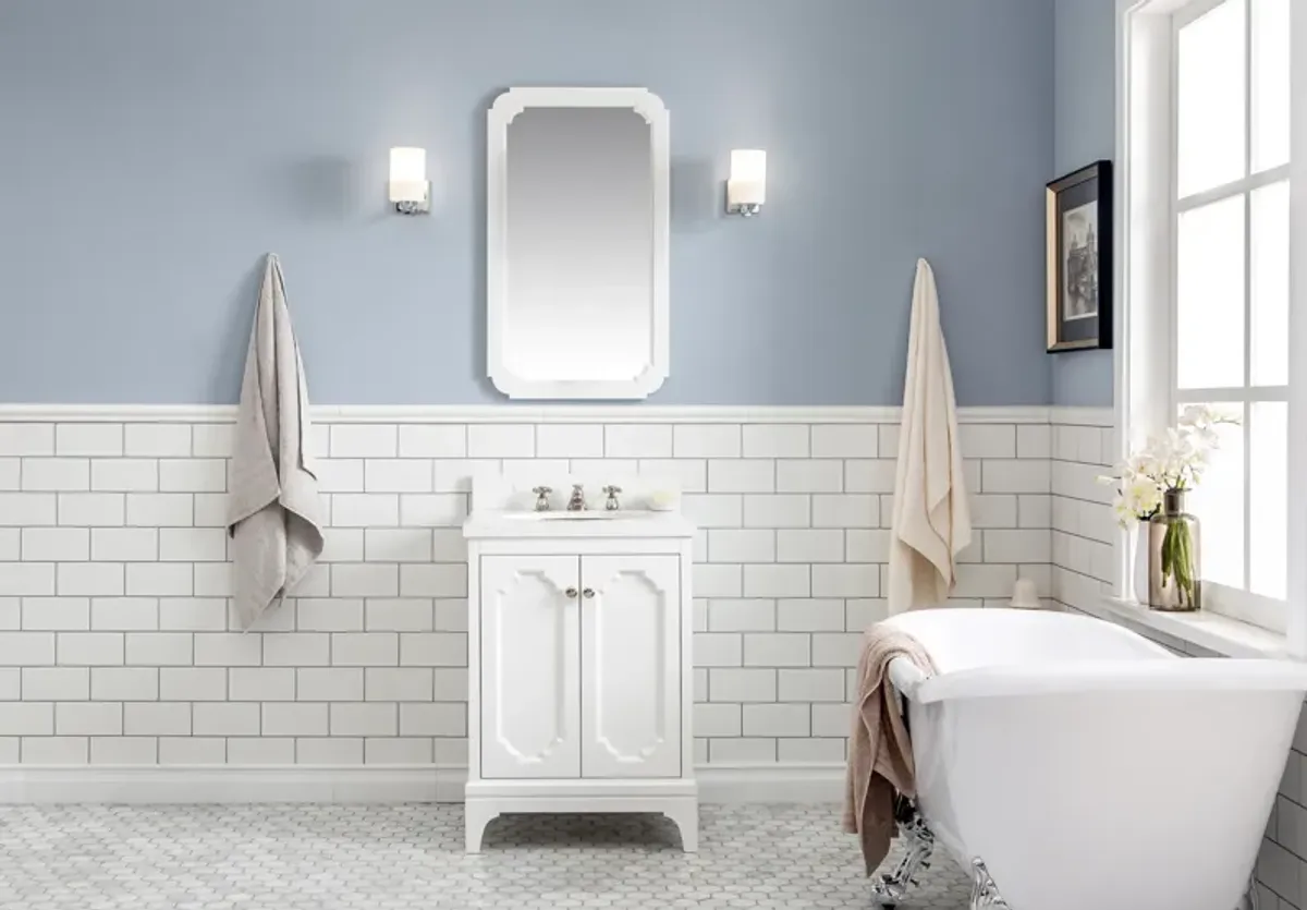 Queen 24 In. Single Sink Sink Carrara Quartz Countertop Bath Vanity in Pure White with Polished Nickel (PVD) Hardware