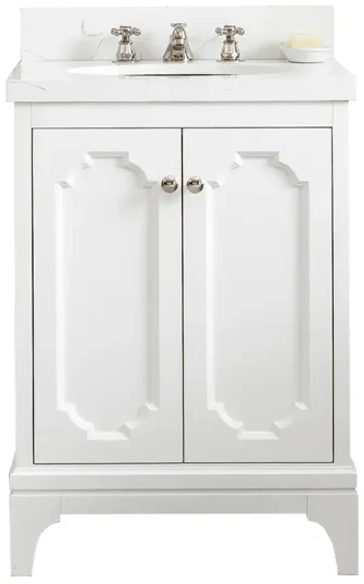 Queen 24 In. Single Sink Sink Carrara Quartz Countertop Bath Vanity in Pure White with Polished Nickel (PVD) Hardware