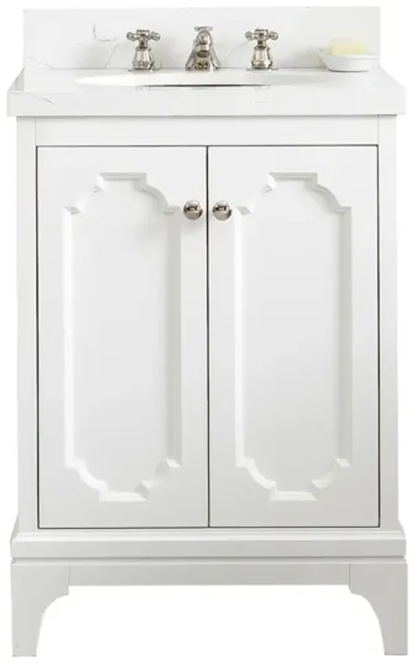 Queen 24 In. Single Sink Sink Carrara Quartz Countertop Bath Vanity in Pure White with Polished Nickel (PVD) Hardware
