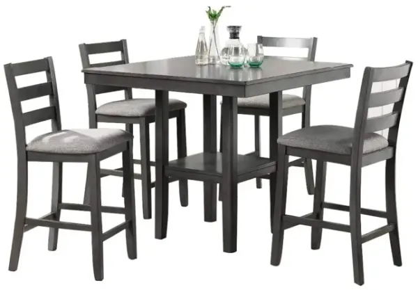 Classic Dining Room Furniture Gray Finish Counter Height 5pc Set Square Dining Table w Shelves Cushion Seat Ladder Back High Chairs Solid wood