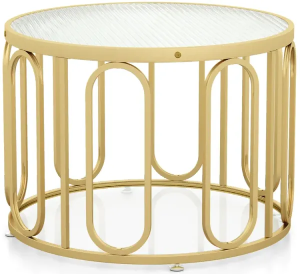 24 Inch Round Coffee Table with Reeded Tempered Glass Top and Oval Swivel Brackets