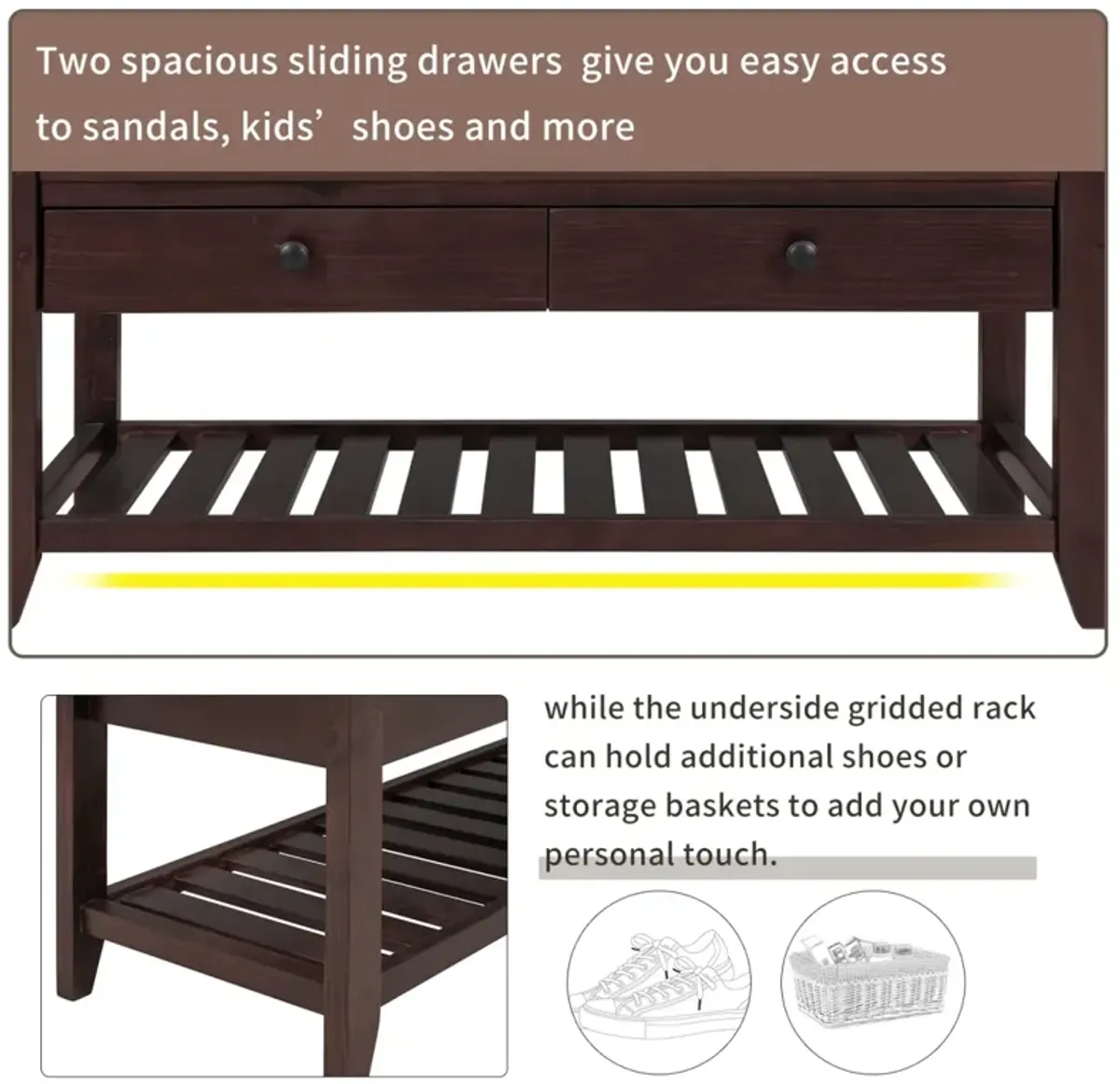 Shoe Rack With Cushioned Seat And Drawers, Multipurpose Entryway Storage Bench (Espresso)
