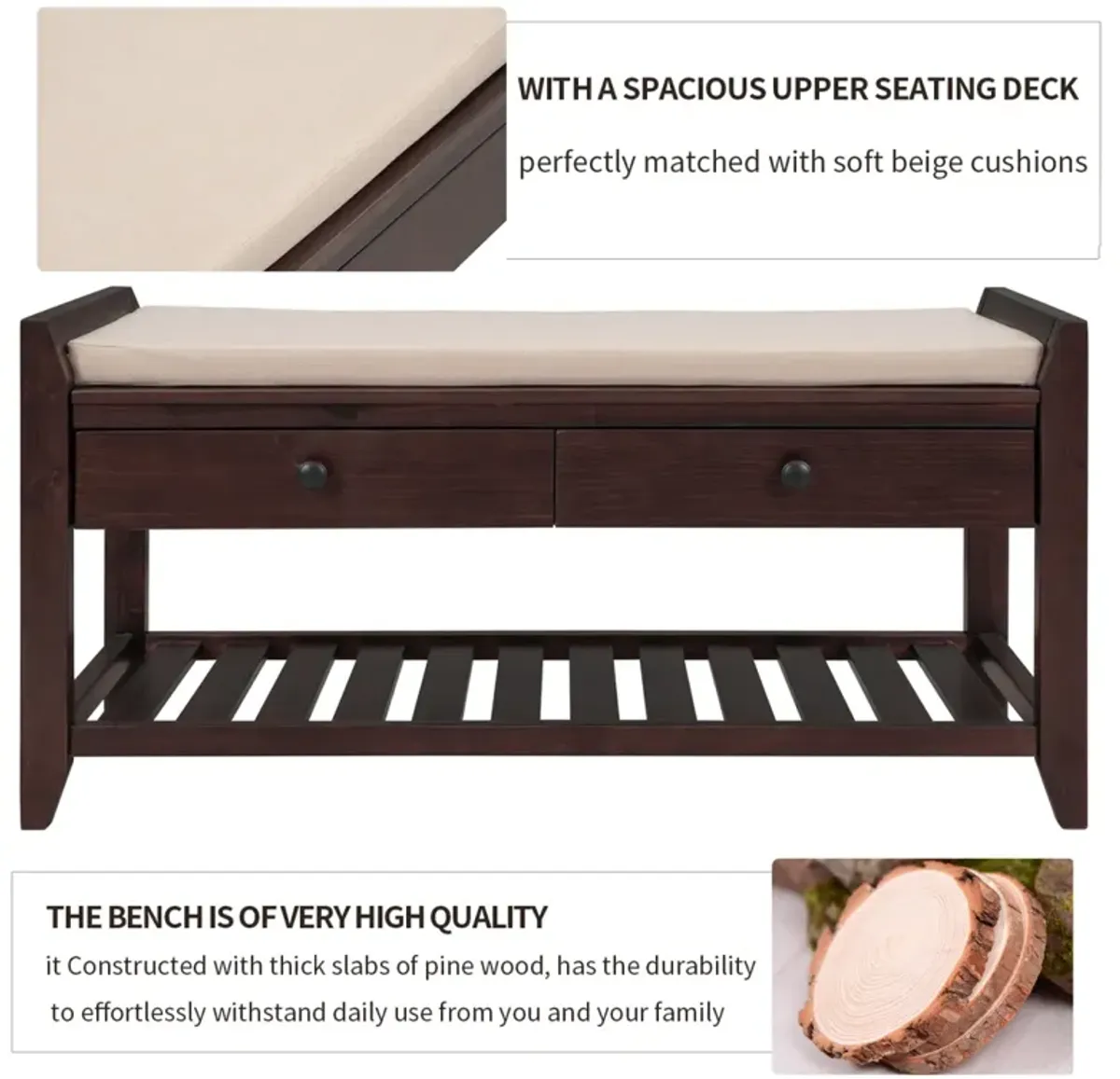 Shoe Rack With Cushioned Seat And Drawers, Multipurpose Entryway Storage Bench (Espresso)