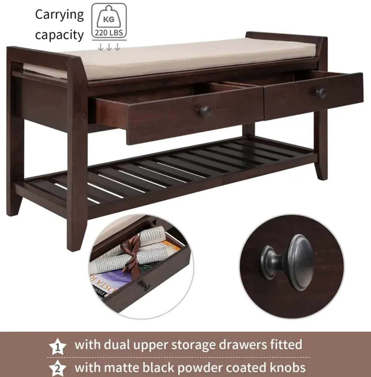 Shoe Rack With Cushioned Seat And Drawers, Multipurpose Entryway Storage Bench (Espresso)