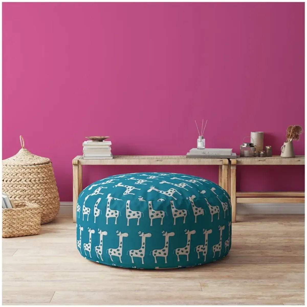 Homezia 24" Blue And White Cotton Round Animal Print Pouf Ottoman