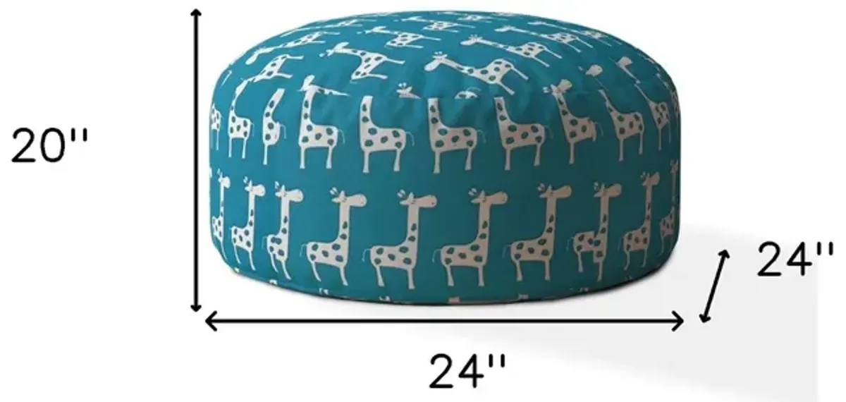 Homezia 24" Blue And White Cotton Round Animal Print Pouf Ottoman