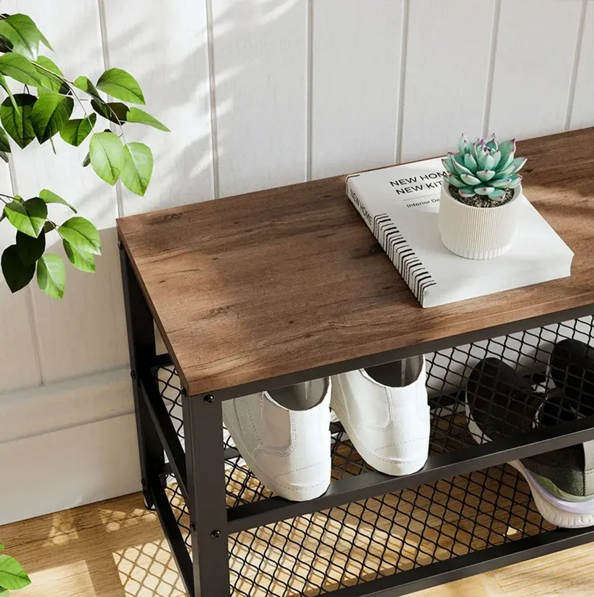 Shoe Bench with 3-Tier Shoe Rack - Storage Shelves with Seat for Entryway Organization