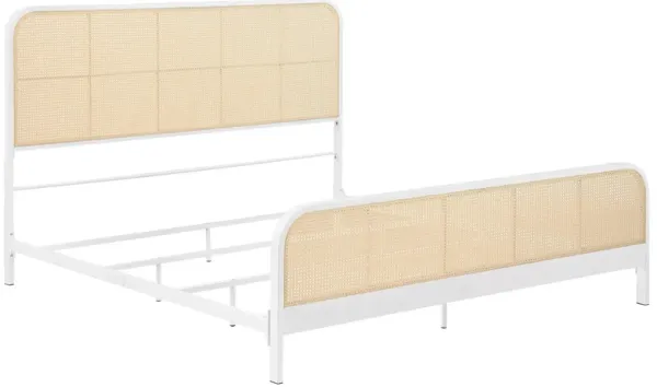 Lanie King Bed with Brown Open Cane Webbing Faux Rattan, White Metal  - Benzara