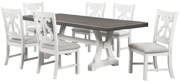 Eya 7pc Dining Table and Chair Set, Distressed White Wood, Gray Fabric - Benzara