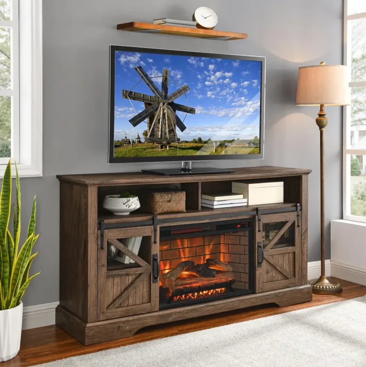 60 Inch Electric Fireplace Entertainment Center With Door Sensor-Reclaimed Barnwood Color