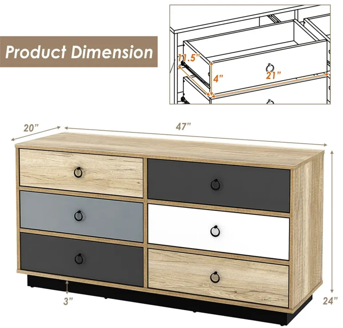 6 Drawers Double Dresser Accent Storage Tower for Bedroom Hallway Entryway